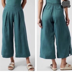 Athleta Wide-Leg Cropped Linen Pants in Teal medium tall